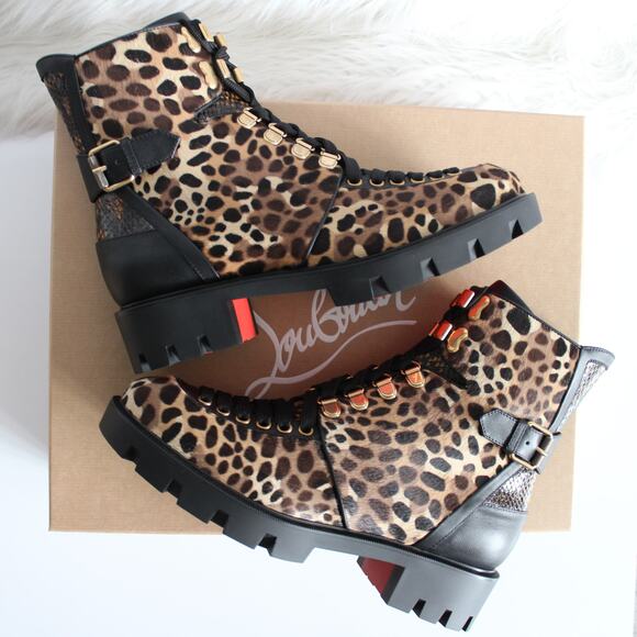 Christian Louboutin Macademia Leopard-Print Calf Hair Snake Moto Combat Booties - Picture 9 of 15